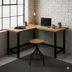 Industrial-style reclaimed wood corner desk for a small home office with black metal legs and an adjustable stool.