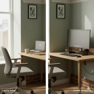 Side-by-side comparison showing a laptop and a desktop monitor setup fitting comfortably on a desk under 80cm wide.