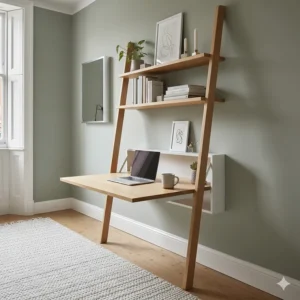 Scandinavian style leaning ladder desk with integrated shelving for a minimalist UK flat.