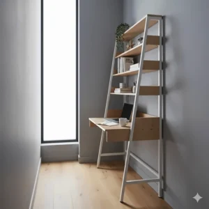 Slim leaning ladder desk with shelving, ideal for a narrow bedroom or small study nook.