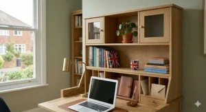 Mid-century style modern secretary desk with hutch featuring tapered legs and a minimalist silhouette.