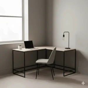 Modern minimalist corner desk for a small home office with a slim metal frame and a clean, clutter-free surface.