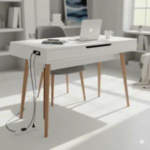 Side view of a white writing desk showing built-in cable management and power lead integration for a tidy workspace.