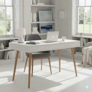 Modern white minimalist desk set up with a laptop, designer lamp, and a mug of tea in a contemporary British study.
