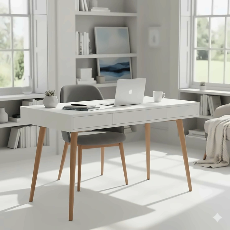 A sleek minimalist writing desk in white, styled in a bright modern home office with a designer chair and natural British light. minimalist writing desk white