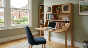 The drop-down writing surface of a modern secretary desk with hutch revealing internal storage.