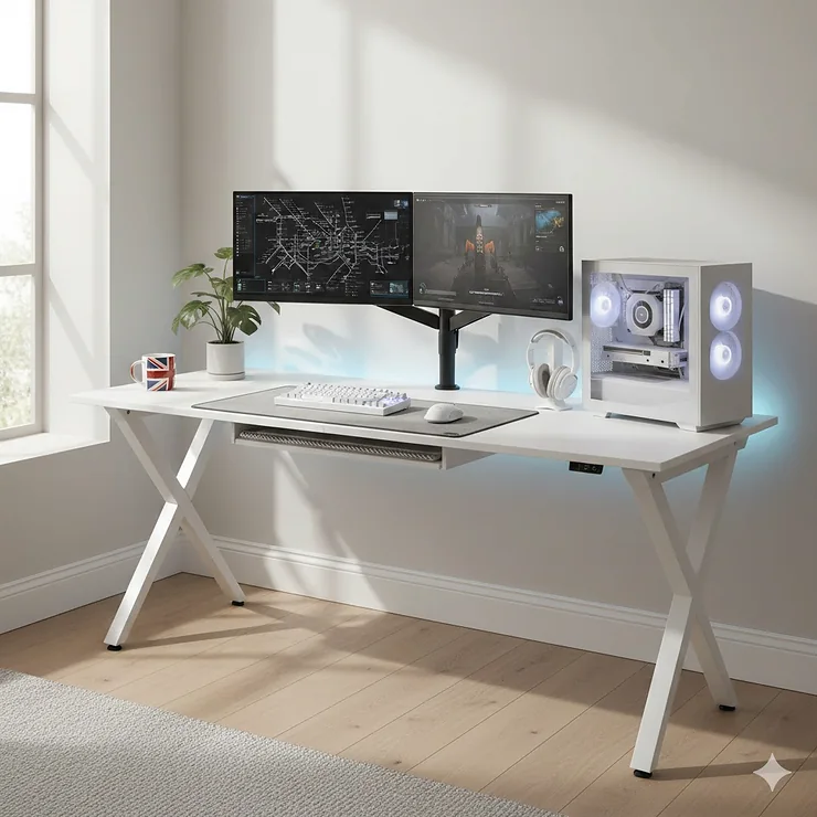 A sleek, modern gaming desk with a white finish in a minimalist UK home office, featuring dual monitors and RGB lighting. gaming desk white finish