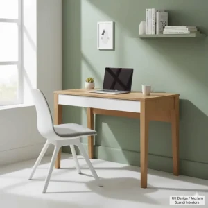 A minimalist Scandi-style computer desk under 80cm wide in white and grey, ideal for modern UK interior design.