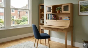 A modern secretary desk with hutch fully closed to hide office clutter, looking like a sleek cabinet.