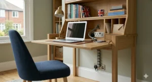 Rear view of a modern secretary desk with hutch showing discreet cable ports for UK power plugs.