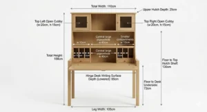 Schematic diagram showing the height and width measurements of a modern secretary desk with hutch.
