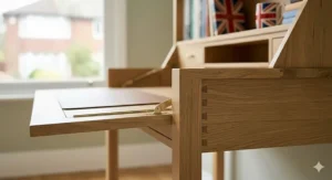 Close-up of the solid wood grain and soft-close hinges on a modern secretary desk with hutch.