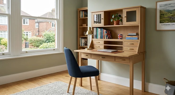 A contemporary oak modern secretary desk with hutch styled in a bright British home office. modern secretary desk with hutch