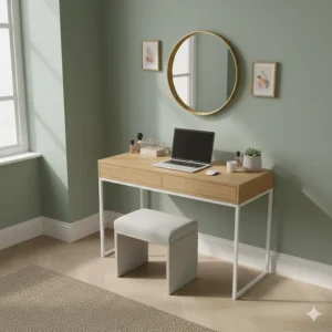 Slimline console-style computer desk used as a dressing table and workspace in a compact flat.