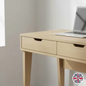 Durable oak-effect finish on a small computer desk with drawers, popular for UK interior design.