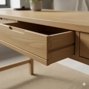 Detailed view of traditional dovetail joints on a solid oak desk drawer for durability.