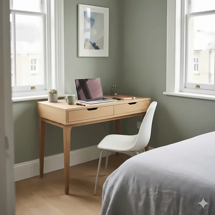 A compact oak writing desk for a small bedroom styled in a modern London flat with a minimalist chair. writing desk for small bedroom