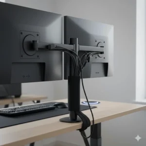Close-up of a dual monitor arm with integrated cable channels to hide wires behind the screens.