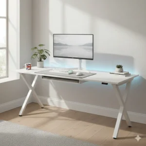 Scandi-inspired gaming desk with a white finish, decorated with a desk mat and potted plant in a bright UK room.
