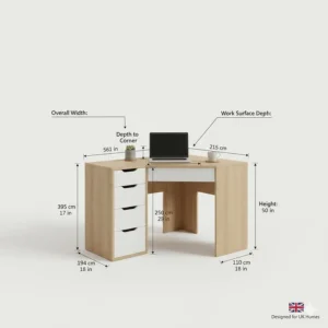 Technical drawing showing the space-saving measurements of a small corner computer desk for tight UK room layouts.