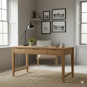 A compact solid oak writing desk designed for small UK flats or study nooks.