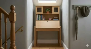 Compact modern secretary desk with hutch designed for a narrow London flat hallway or lounge.