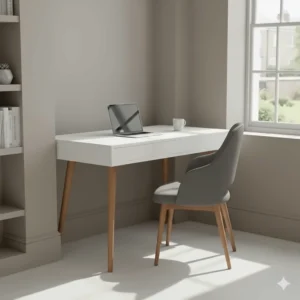 Compact white minimalist writing desk designed for small flat living and narrow alcoves to maximise space.