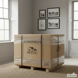 Securely packaged solid oak writing desk ready for UK-wide home delivery.