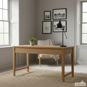 The rear view of a solid oak writing desk, fully finished to allow for centre-of-room placement.