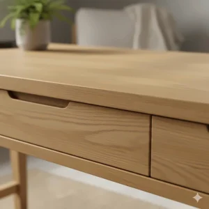 Close-up of the natural wood grain on a high-quality solid oak writing desk.