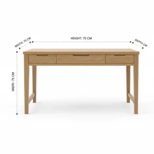 Infographic showing the height, width, and depth of a solid oak desk in centimetres.