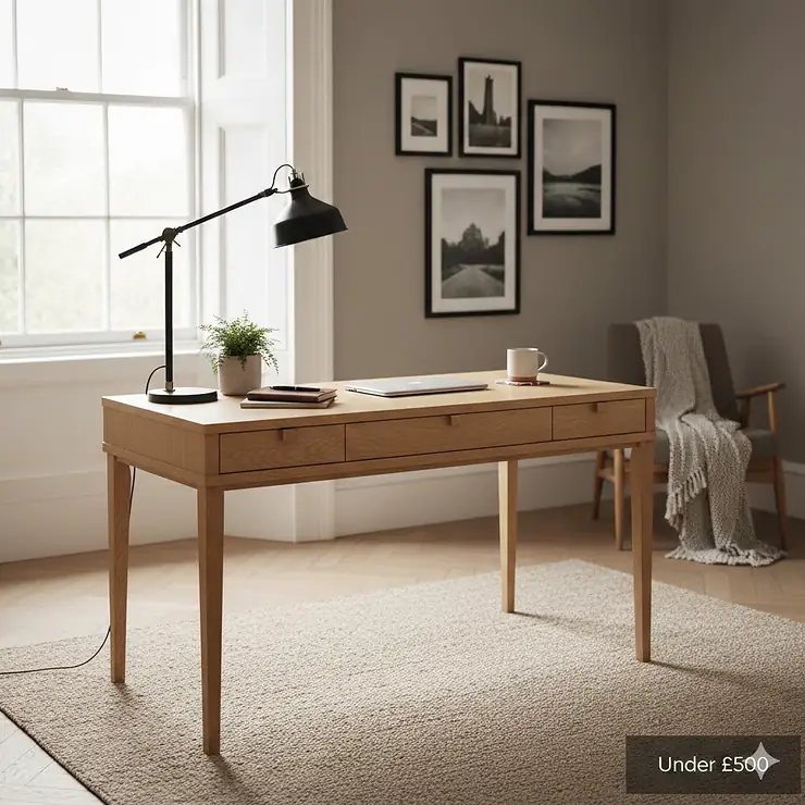 Traditional solid oak writing desk with a natural finish, styled in a home office, priced under £500. solid oak writing desk uk under 500
