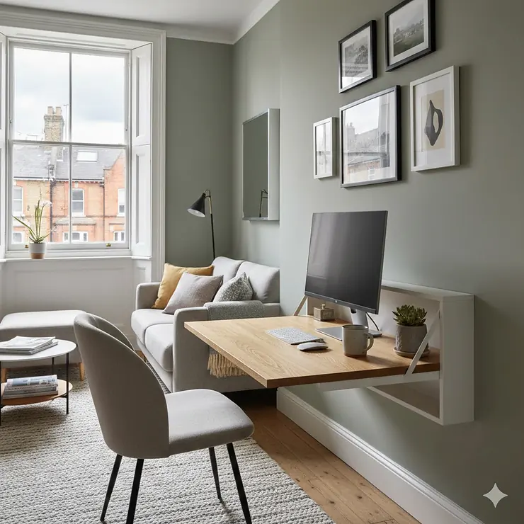 A modern space-saving computer desk styled in a compact London flat living room with a window view. space saving computer desk for flat