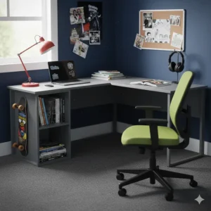 Durable grey corner desk for a small home office or study area in a teenager's bedroom with a desk lamp.