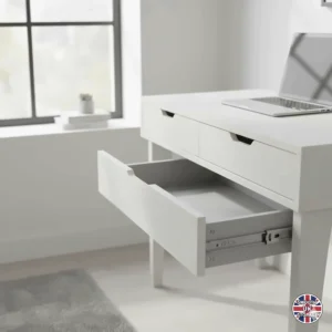 Close-up of the smooth-glide storage drawers on an affordable white computer desk under £100.