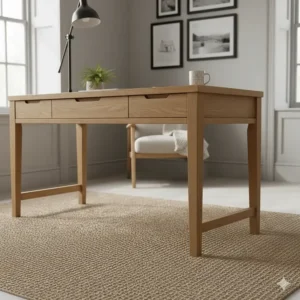 Sturdy tapered legs of a solid oak writing desk, showing the robust build quality.