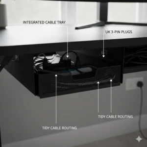 Close-up of an integrated under-desk cable management tray organising power strips and UK 3-pin plugs.