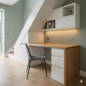 Bespoke space-saving desk fitted under a staircase to maximise unused space in a maisonette.