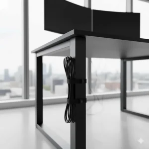 Reusable hook-and-loop cable ties used to secure monitor power cables to a desk leg.