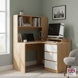 A minimalist work-from-home setup featuring a laptop and monitor on a small corner desk.