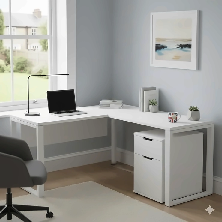 Modern white corner computer desk styled in a bright British home office with a laptop and Union Jack mug. white corner computer desk