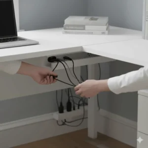 Detail view of built-in cable management tidy ports on a white corner computer desk to hide messy wires.