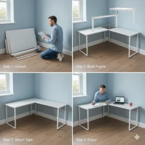 Four-step guide showing the simple flat-pack assembly process for a white corner computer desk.