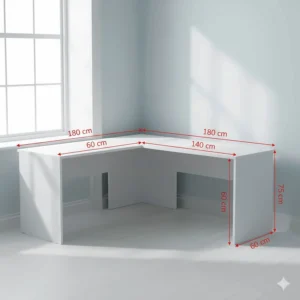 Schematic illustration showing the dimensions and floor footprint of a white corner computer desk in centimetres.