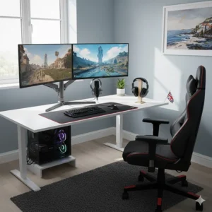 Large white corner desk setup with dual monitors, gaming chair, and PC tower in a modern UK home.