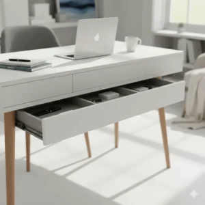 A minimalist writing desk in white with a discreet integrated drawer pulled open to show organised stationery storage.