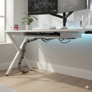Under-desk view of a white finish gaming desk showing an integrated cable management tray for a tidy UK gaming setup.