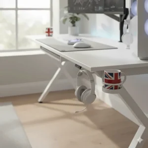 Side view of a white finish gaming desk with a built-in headset hook and cup holder for convenience.
