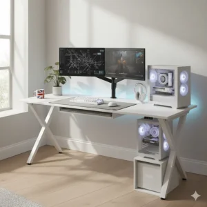 A white gaming desk featuring a dedicated shelf for a PC tower, showing a clean aesthetic for British gamers.