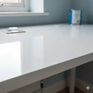 Macro shot of the durable white gloss finish on a high-quality corner computer desk near a window.